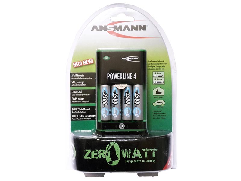 ANSMANN Powerline 4 Zero Watt Charger UK / EU(inc. 4 x LSD 2500mAh AA Cells), Consumer Battery Charg